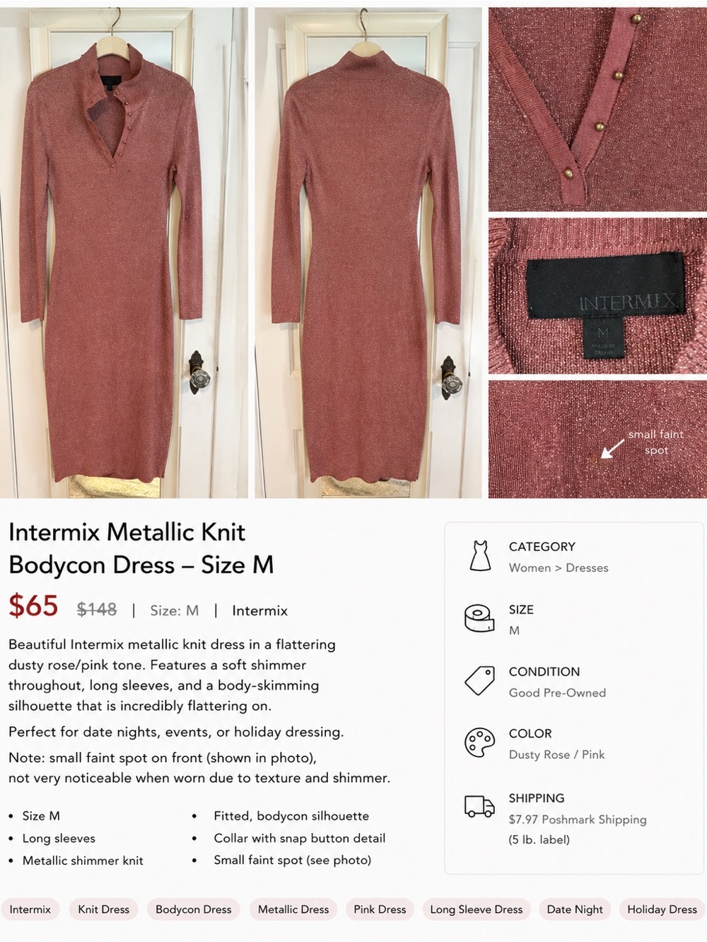 INTERMIX Metallic Dusty Rose Knit Bodycon Dress